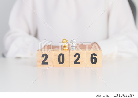 Happy New Year 2026 year block with horse chess. Year of the Horse, animals of the Chinese zodiac, horoscope, success and good fortune Happy New Year 2026 year block with horse chess. Year of the Horse, animals of the Chinese zodiac, horoscope, success and good fortune 131363287