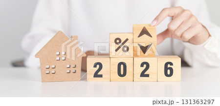2026 New Year with percentage change to UP and Down arrow with Home model. Real estate Mortgage, Refinance, House loan and debt, Interest rate, Insurance, Financial and Property Tax 131363297