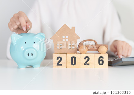 Happy New Year 2026 with car and Home model with coin stack. Car loan, Interest rate, real estate, house, Insurance, Financial, Repair, Tax, mortgage and Maintenance Happy New Year 2026 with car and Home model with coin stack. Car loan, Interest rate, real estate, house, Insurance, Financial, Repair, Tax, mortgage and Maintenance 131363310