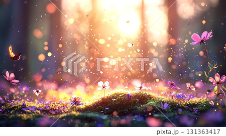 Enchanting Sunrise Over Blooming Meadow with Colorful Flowers and Gentle Butterfly Enchanting Sunrise Over Blooming Meadow with Colorful Flowers and Gentle Butterfly 131363417