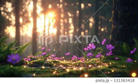 Enchanted Forest Scene With Soft Light, Purple Flowers, Ferns, and Shimmering Dust Particles 131363418