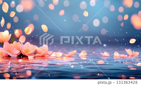 Soft Pink Petals Floating on Calm Water with Gentle Bokeh Effects and Light Reflections 131363428