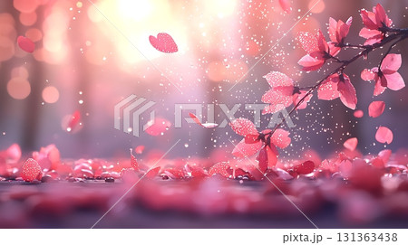 Delicate Pink Petals Falling Amidst Sparkling Light in Dreamy Nature Scene 131363438