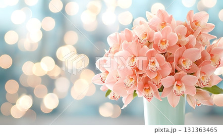 Beautiful Pink Orchid Bouquet in Soft Focus with Gentle Bokeh Background for Decorative Purposes 131363465