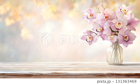 Elegant Pink Orchids in Vintage Glass Vase on Rustic Wooden Table with Soft Background 131363469