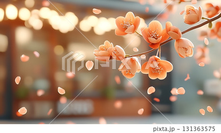 Delicate Blossom Branch with Soft Peach Flowers Against a Blurred Seasonal Background Delicate Blossom Branch with Soft Peach Flowers Against a Blurred Seasonal Background 131363575