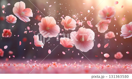 Beautiful Blossoms Falling with Soft Pink Petals in a Dreamy Spring Environment 131363580