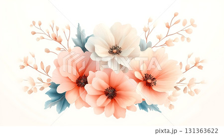 Soft Pastel Floral Arrangement with Blooming Flowers and Delicate Foliage Design Soft Pastel Floral Arrangement with Blooming Flowers and Delicate Foliage Design 131363622