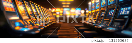 A vibrant scene of illuminated slot machines in a casino. A vibrant scene of illuminated slot machines in a casino. 131363685