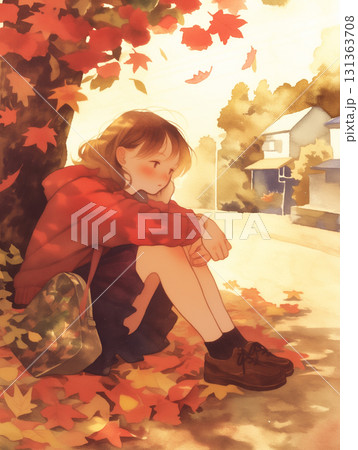 水彩風に描かれた地面に広がる秋の落ち葉の紅葉イラスト・柔らかなタッチの風景・自然・秋の背景・紅葉 131363708