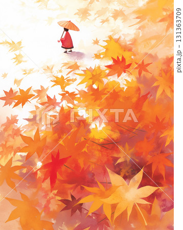 水彩風に描かれた地面に広がる秋の落ち葉の紅葉イラスト・柔らかなタッチの風景・自然・秋の背景・紅葉 水彩風に描かれた地面に広がる秋の落ち葉の紅葉イラスト・柔らかなタッチの風景・自然・秋の背景・紅葉 131363709