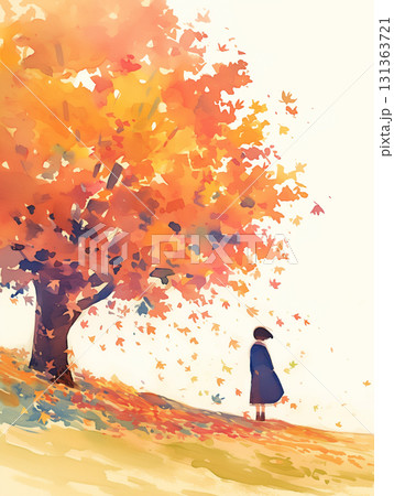 秋の紅葉が美しく舞い落ちる様子を水彩タッチで描いた落ち葉のイラスト素材・風景・背景・自然・静寂 131363721