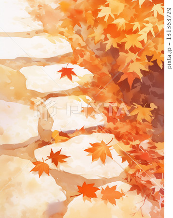 落ち葉が敷き詰められた秋の地面を水彩画風に表現した風景イラスト素材・紅葉・情景・風情・静けさ 131363729