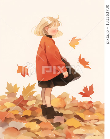 落ち葉が敷き詰められた秋の地面を水彩画風に表現した風景イラスト素材・紅葉・情景・風情・静けさ 落ち葉が敷き詰められた秋の地面を水彩画風に表現した風景イラスト素材・紅葉・情景・風情・静けさ 131363730