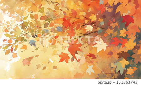 紅葉が舞い散り地面を彩る秋の風情を水彩タッチで描いた美しい背景イラスト素材・情緒・落葉・季節 紅葉が舞い散り地面を彩る秋の風情を水彩タッチで描いた美しい背景イラスト素材・情緒・落葉・季節 131363743