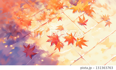 ♡たまみな♡水彩画　落ち葉散る秋　値段は※900円です 水彩画風の美しい秋の風景に地面を彩る色とりどりの落ち葉が舞い散る