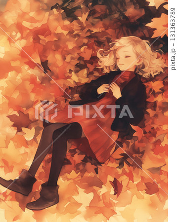 秋の訪れを感じさせる水彩画風の落ち葉が散りばめられた地面のイラスト素材・紅葉・落葉・自然美・風景 131363789