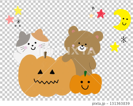 ハロウィンのカボチャとくまと猫 131363839