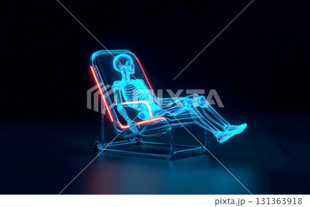 Neon skeleton in a chair demonstrating relaxation and calmness. Neon skeleton in a chair demonstrating relaxation and calmness. 131363918