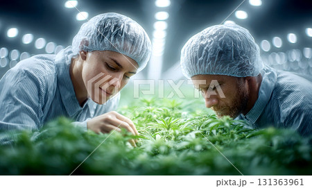 Growing plants in greenhouse with focused workers 131363961