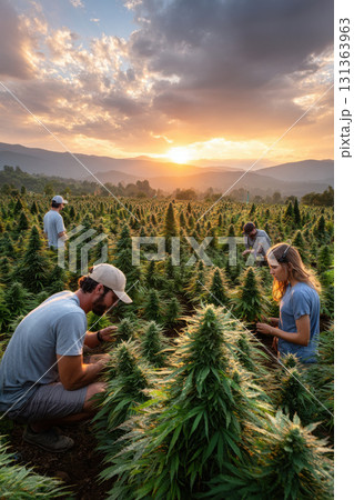 Workers harvesting cannabis plants at sunset in field 131363963