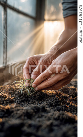 Planting small seedling in rich soil, hands nurturing growth 131363978