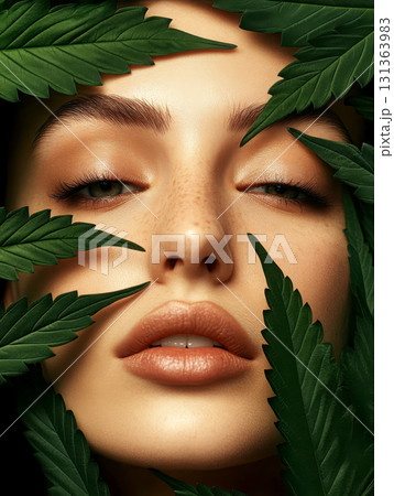 Serene portrait of a woman surrounded by lush green leaves. 131363983