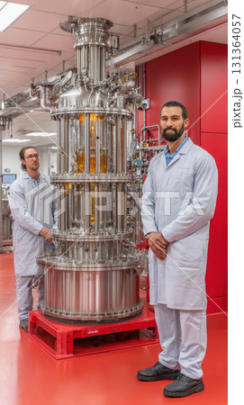 Laboratory equipment with professionals in white coats 131364057