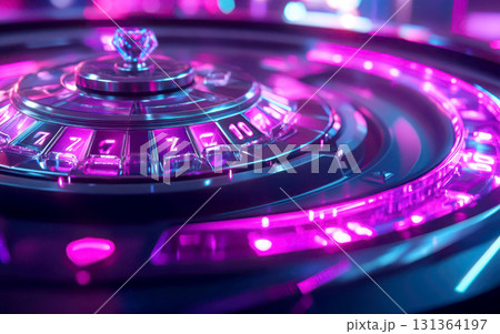 Close-up view of a vibrant roulette wheel with neon lighting. Close-up view of a vibrant roulette wheel with neon lighting. 131364197