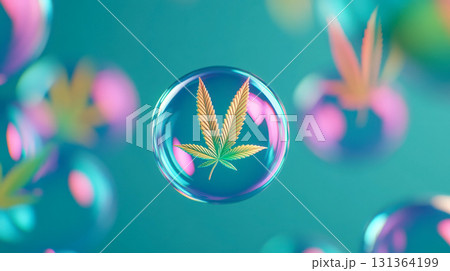 Colorful bubbles with cannabis leaves create a vibrant visual effect. Colorful bubbles with cannabis leaves create a vibrant visual effect. 131364199