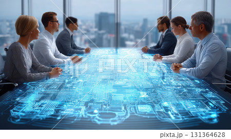 Business meeting with digital technology interface 131364628