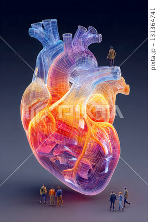 Vibrant, stylized heart model with figures nearby 131364741