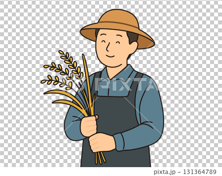 稲刈りをする男性、稲穂を持っている 稲刈りをする男性、稲穂を持っている 131364789