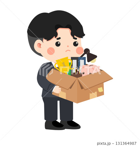 Illustration of Sad Man Holding Cardboard Box 131364987