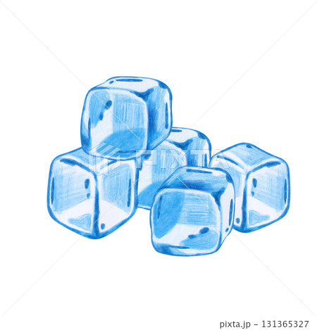 Composition of ice cubes, hand-drawn with pencils, on a white background. Children's illustration of transparent cubes of frozen water with colored pencils. Frozen water. Cold. Clipart. 131365327