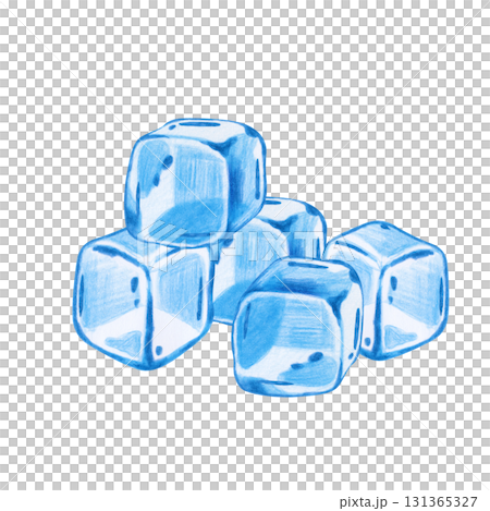 Composition of ice cubes, hand-drawn with pencils, on a white background. Children's illustration of transparent cubes of frozen water with colored pencils. Frozen water. Cold. Clipart. Composition of ice cubes, hand-drawn with pencils, on a white background. Children's illustration of transparent cubes of frozen water with colored pencils. Frozen water. Cold. Clipart. 131365327