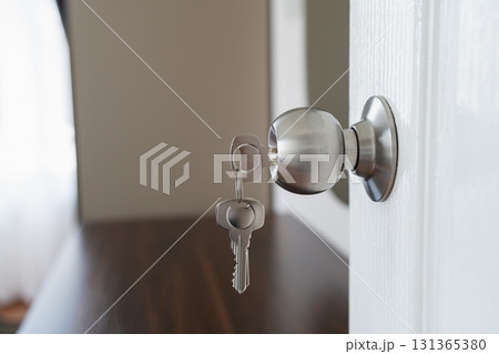Close-Up of Modern Door Knob with Key Inserted, Soft Focus on Key and Door, Contemporary Interior Design Element, Home Security Concept Close-Up of Modern Door Knob with Key Inserted, Soft Focus on Key and Door, Contemporary Interior Design Element, Home Security Concept 131365380