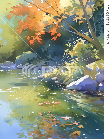 紅葉の葉が川面を流れる様子をやわらかく描いた水彩画風の秋の風景、日本の四季を感じさせる 紅葉の葉が川面を流れる様子をやわらかく描いた水彩画風の秋の風景、日本の四季を感じさせる 131365711