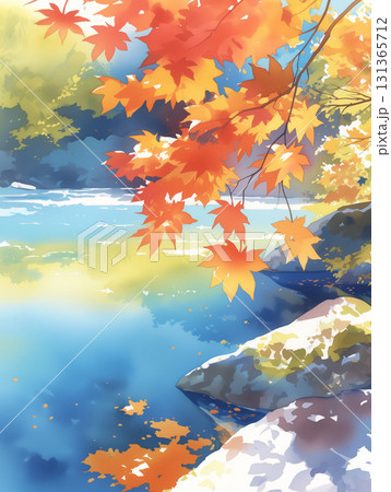 紅葉の葉が川面を流れる様子をやわらかく描いた水彩画風の秋の風景、日本の四季を感じさせる 紅葉の葉が川面を流れる様子をやわらかく描いた水彩画風の秋の風景、日本の四季を感じさせる 131365712