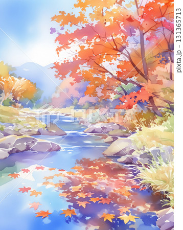 紅葉の葉が川面を流れる様子をやわらかく描いた水彩画風の秋の風景、日本の四季を感じさせる 紅葉の葉が川面を流れる様子をやわらかく描いた水彩画風の秋の風景、日本の四季を感じさせる 131365713