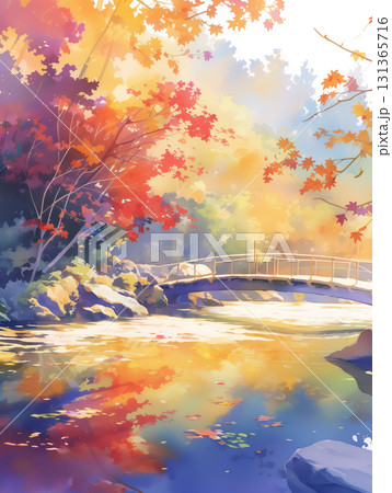 水彩画タッチの秋の日本風景、透明感ある川に舞い落ちる紅葉が織りなす情緒的な風景 131365716