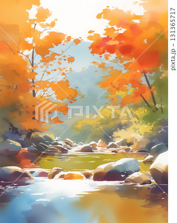水彩画タッチの秋の日本風景、透明感ある川に舞い落ちる紅葉が織りなす情緒的な風景 水彩画タッチの秋の日本風景、透明感ある川に舞い落ちる紅葉が織りなす情緒的な風景 131365717