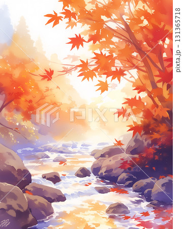 秋の川を彩る紅葉が水彩タッチで繊細に表現された和の風景、流れる水と落ち葉の美しいコントラスト 秋の川を彩る紅葉が水彩タッチで繊細に表現された和の風景、流れる水と落ち葉の美しいコントラスト 131365718