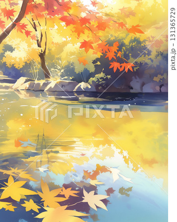 水彩画風の美しい日本の秋の風景、静かな川に流れる赤や黄色の紅葉が幻想的に描かれた水彩イラスト 水彩画風の美しい日本の秋の風景、静かな川に流れる赤や黄色の紅葉が幻想的に描かれた水彩イラスト 131365729