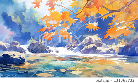 水彩画風の美しい日本の秋の風景、静かな川に流れる赤や黄色の紅葉が幻想的に描かれた水彩イラスト 131365732
