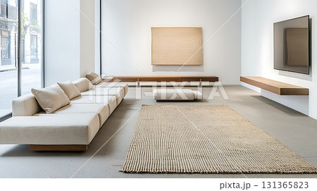 Living room with a white couch and a brown rug Living room with a white couch and a brown rug 131365823