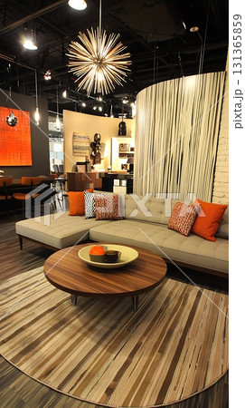 Living room with a couch, coffee table, and a large chandelier 131365859