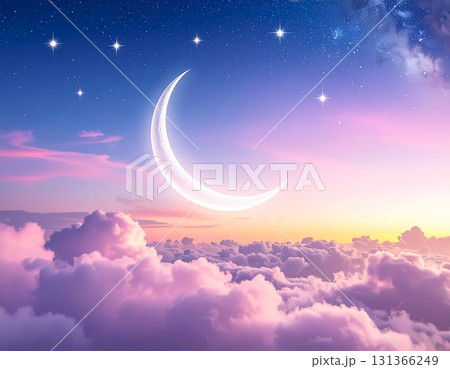 パステル空に浮かぶ三日月と星の幻想イラスト 131366249
