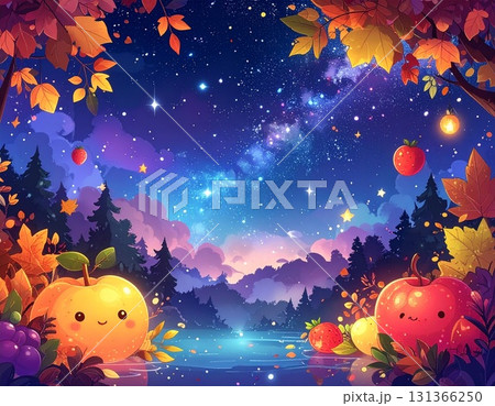 夜空に光る星と秋の果物のファンタジーイラスト 131366250