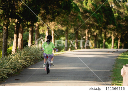 Child Riding Bicycle on a Tree-Lined Pathway in a Bright Green Park During Sunny Day, Outdoor Fun and Adventure for Kids Child Riding Bicycle on a Tree-Lined Pathway in a Bright Green Park During Sunny Day, Outdoor Fun and Adventure for Kids 131366316